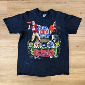 Vintage 1990 NFL Super Bowl XXIV 49ers Broncos Elway Montana Black Short Sz L